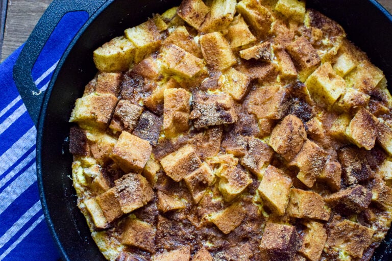 sourdough french toast in a skillet