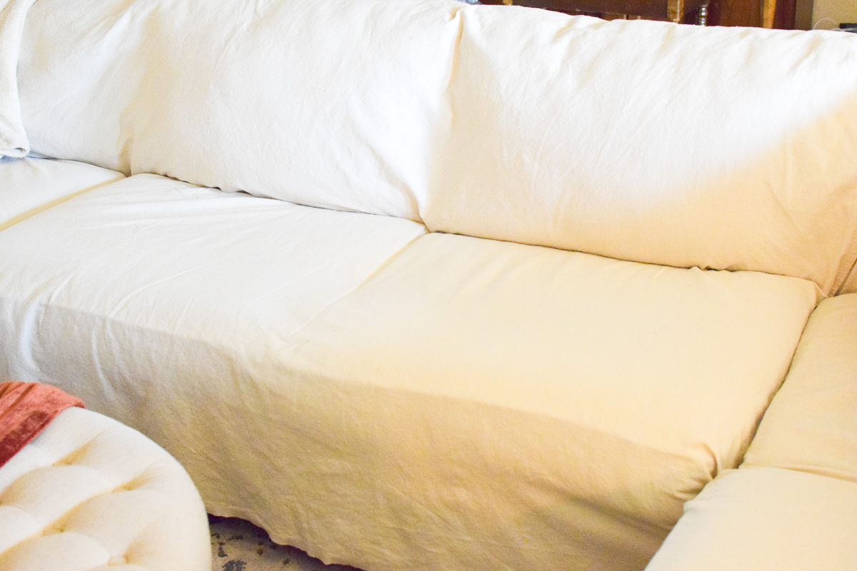 DIY No Sew Drop Cloth Slip Cover for Sectional A Quaint Life