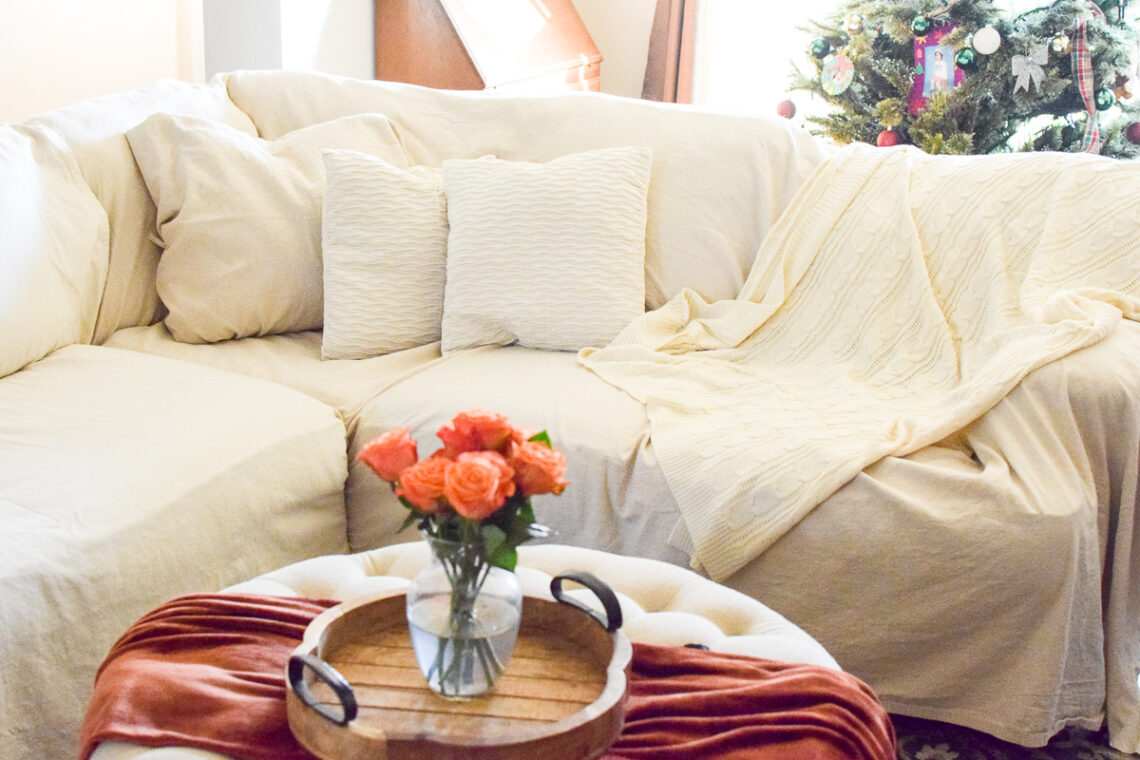 DIY No Sew Drop Cloth Slip Cover for Sectional A Quaint Life