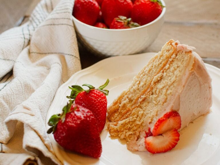 homemade strawberry cake slice on a plate