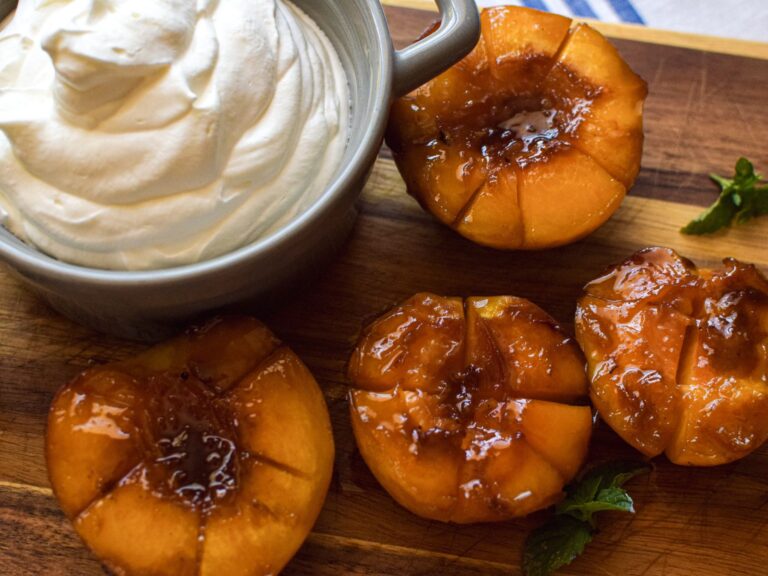 skillet caramelized peaches and homemade whipped cream