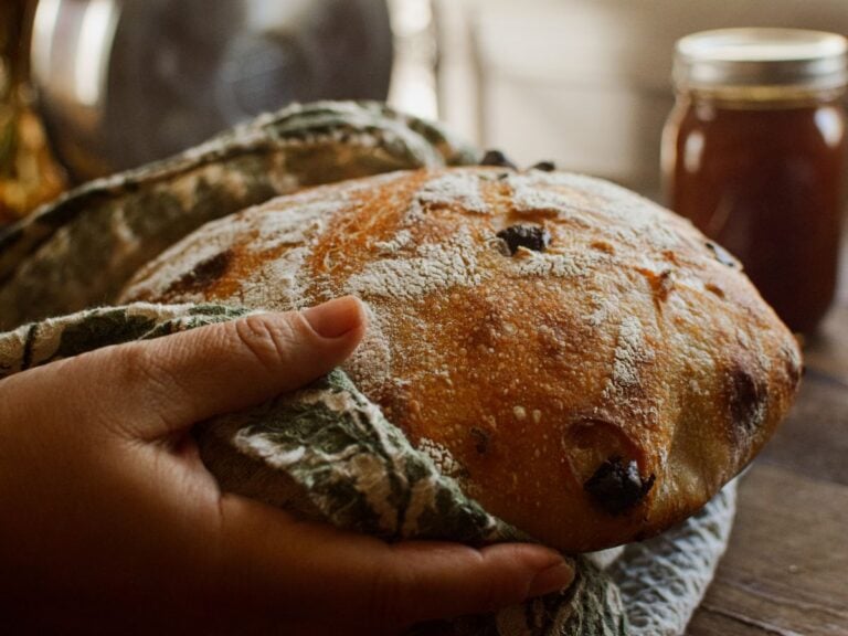 woman holding sourdough chocolate chip boule in a towel